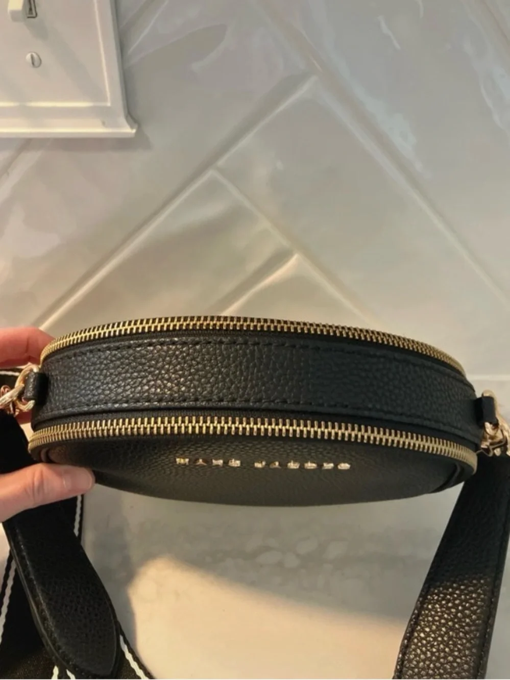 Marc Jacobs Black Pebbled Leather Oval Crossbody with Striped Strap - Picture 3 of 15